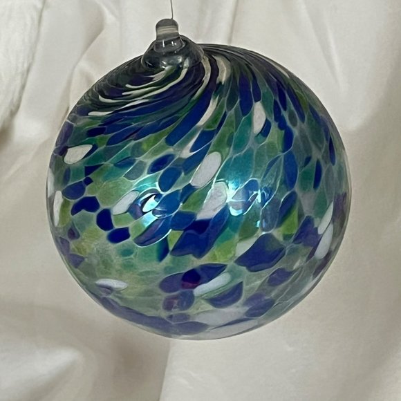 Hand-Blown Large Glass Ornament Shades of Blue Iridescent 4-1/2" Round - Picture 2 of 6